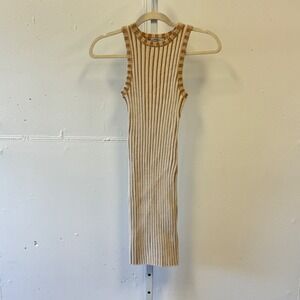 Ghanda Boutique Ribbed Knit Mini Dress Tan‎ Cream Striped Bodycon Sleeveless Sm